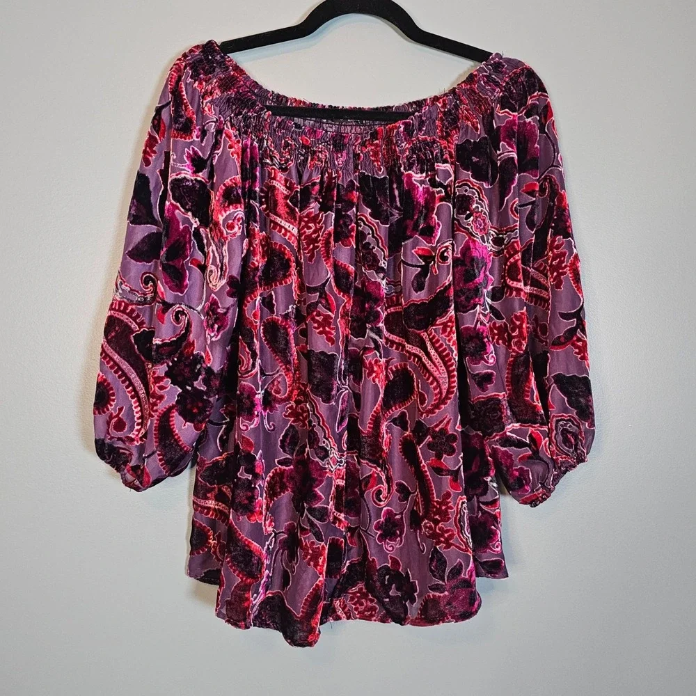 Ariella Chicos Women's Purple Paisley Burnout Velvet Sheer Blouse Top Size S